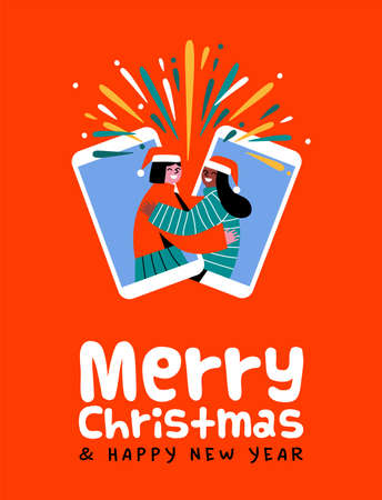 Merry Christmas Happy New Year greeting card illustration of diverse woman friends hugging together connected on mobile phone. Holiday friendship celebration design in flat cartoon style.のイラスト素材