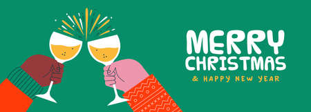 Merry Christmas Happy New Year web banner illustration of diverse friend hands making champagne glass toast together. Holiday friendship celebration design in flat cartoon style.のイラスト素材