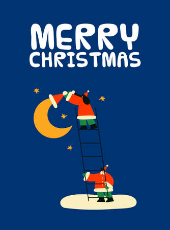 Merry Christmas greeting card illustration of funny children in santa claus costume on xmas holiday night eve. Cute cartoon doodle design for winter celebration event.のイラスト素材