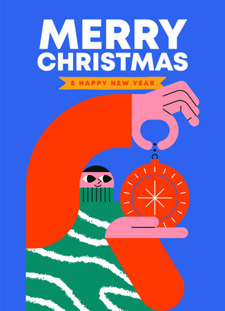 Merry Christmas Happy New Year greeting card illustration. Young man character with xmas ornament in modern flat cartoon style design for holiday celebration or party event.のイラスト素材