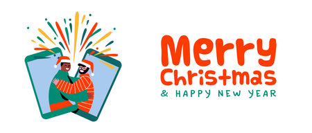 Merry Christmas Happy New Year web banner illustration of diverse men friends hugging together connected on mobile phone. Holiday friendship celebration design in flat cartoon style.のイラスト素材