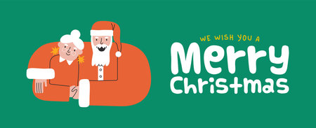 Merry Christmas web banner illustration of happy santa claus with wife. Funny winter holiday festive cartoon characters for xmas season celebration event.のイラスト素材