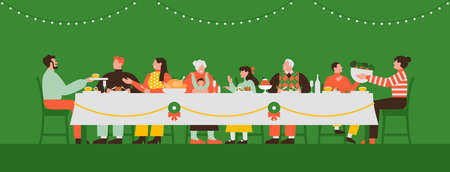 Big family eating together at dinner table on Christmas holiday celebration. Happy people in xmas party event. Modern flat cartoon illustration includes children, parents and grandparents.のイラスト素材