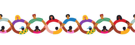 Diverse people group holding hands together making infinite symbol shape. Cooperation support or friend team concept, seamless cartoon pattern on isolated background.のイラスト素材