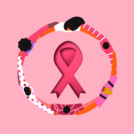 Breast Cancer Awareness greeting card illustration. Flat cartoon woman friends doing group hug circle for october women health care event. Friendship support concept, disease prevention campaign.のイラスト素材