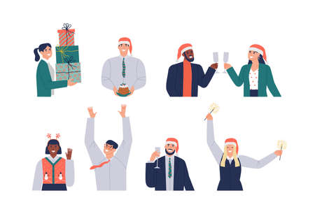 Set of christmas business people team cartoon characters on isolated background. Diverse office men and women collection includes funny friends making toast, girl holding gift box.のイラスト素材