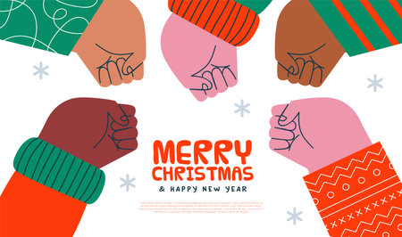 Merry Christmas Happy New Year web template illustration of diverse festive friend group. People hands doing fist bump for friendship celebration or holiday teamwork design in flat cartoon style.のイラスト素材