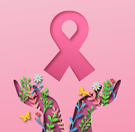 Breast cancer awareness month people hand papercut illustration with plant leaf and flower garden. Pink ribbon cut paper style. Health campaign for October event or women charity project.のイラスト素材