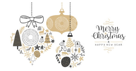 Merry Christmas Happy New Year greeting card illustration of hand drawn winter holiday decoration in bauble ornament shape. Scandinavian style doodle design for party invitation or xmas season wish.のイラスト素材