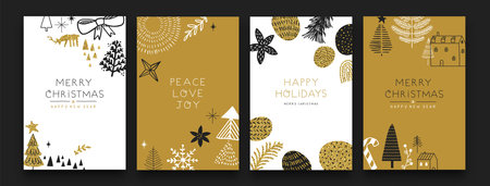 Merry Christmas Happy New Year luxury gold greeting card set. Golden glitter winter decoration collection. Cute scandinavian cartoon doodle design for party invitation or xmas season wish.のイラスト素材