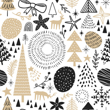 Merry Christmas hand drawn seamless pattern with cute winter holiday cartoon decoration. Scandinavian style forest doodle background includes pine tree, reindeer and snowflake.のイラスト素材
