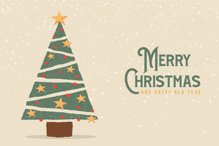 Merry Christmas Happy New Year greeting card illustration. Pine tree cartoon with festive xmas ornament decoration. Vintage style design for holiday celebration event.のイラスト素材