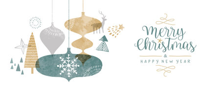 Merry Christmas Happy New Year greeting card illustration of hand drawn winter holiday decoration bauble ornament. Nordic watercolor style doodle design for party invitation or xmas season wish.のイラスト素材
