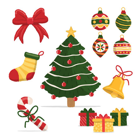 Merry Christmas ornament decoration set on isolated white background. Winter holiday cartoon element collection includes pine tree, gift box and candy cane.のイラスト素材