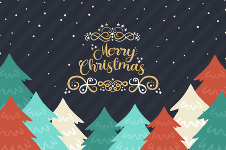 Merry Christmas greeting card illustration of colorful pine tree forest in hand drawn style. Xmas cartoon design for seasons greetings or party invitation.のイラスト素材