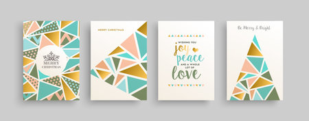 Merry Christmas geometric gold pine tree card set. Pastel color banner collection for winter holiday...