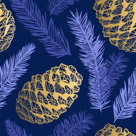 Christmas season seamless pattern illustration of winter pine tree branch decoration in vintage hand drawn style. Green pinecone background for holiday celebration or nature concept.のイラスト素材