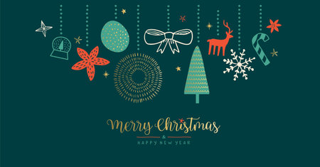 Merry Christmas Happy New Year greeting card illustration of hand drawn winter holiday decoration ornaments. Scandinavian style doodle design for party invitation or xmas season wish.のイラスト素材