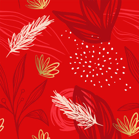 Abstract christmas nature decoration seamless pattern illustration with gold flower doodles. Festive red plant leaf xmas background, luxury modern wallpaper design.のイラスト素材