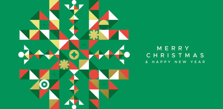 Merry Christmas Happy New Year greeting card illustration of modern gold snowflake mosaic with geometric icons in abstract scandinavian style. Elegant winter holiday design for xmas celebration.のイラスト素材