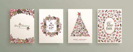 Merry Christmas and happy new year cute hand drawn holiday greeting card set. Xmas pine tree shape...