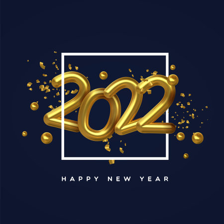 Happy New Year 2022 greeting card, gold 3d calendar number date with party confetti and golden...
