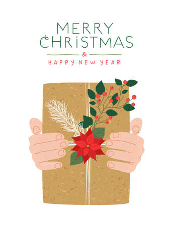 Merry Christmas Happy New Year greeting card illustration of recycled wrapping paper gift box with green winter leaf decoration. Celebration invitation or holiday event design.のイラスト素材