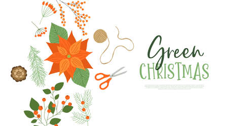 Merry Christmas web template illustration of green natural winter leaf, flower and craft decoration. Flat cartoon concept for eco-friendly celebration event.のイラスト素材