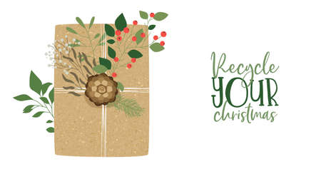 Merry Christmas greeting card illustration of recycled wrapping paper gift box with green winter leaf decoration. Nature care concept for celebration invitation or holiday event.のイラスト素材