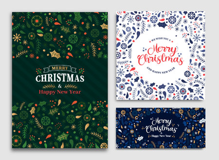 Merry Christmas Happy New Year retro winter ornament card set. Xmas decoration symbol collection for...