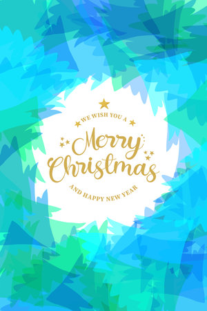 Merry Christmas Happy New Year greeting card illustration. Transparent pine tree cartoon with festive quote. Abstract style design for holiday celebration event.のイラスト素材