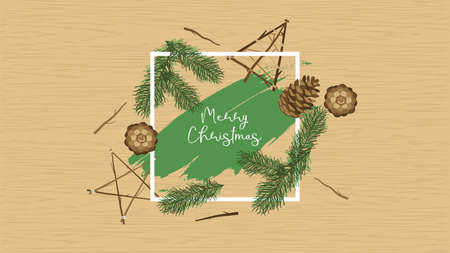 Merry Christmas greeting card illustration of natural winter plant decoration and wood ornament. Flat cartoon craft xmas present concept for eco-friendly celebration event.のイラスト素材