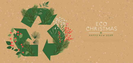Merry Eco Christmas web template illustration of green recycle symbol and natural winter leaf decoration. Nature care concept for holiday celebration event with copy space.のイラスト素材