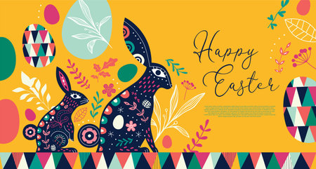 Happy Easter web template illustration of retro folk art rabbits with colorful floral decoration....