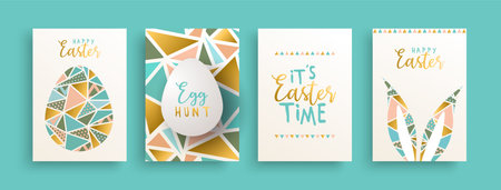 Happy easter greeting card illustration set. Geometric gold decoration with rabbit ear, egg and...