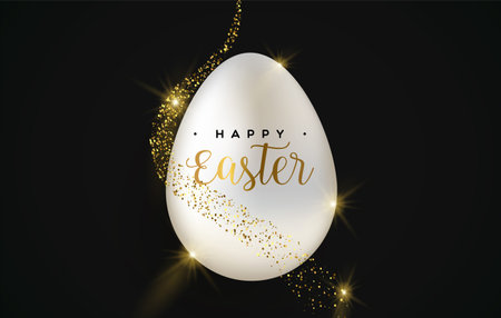 Happy Easter luxury greeting card illustration. Realistic 3d gold glitter with traditional egg for...