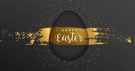 Happy Easter luxury greeting card illustration. Realistic 3d paper cut egg with gold glitter paint stroke for spring holiday celebration event.のイラスト素材