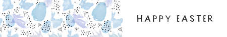 Happy Easter web banner illustration of watercolor rabbit animal with spring nature doodle decoration. Retro scandinavian cartoon design for holiday celebration event.のイラスト素材