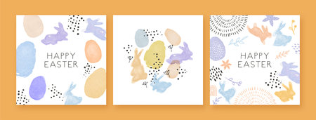 Happy Easter greeting card illustration set of watercolor rabbit animal with spring nature doodle...