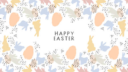 Happy Easter greeting card of pastel color rabbits with egg doodle. Spring festival background illustration for traditional christian holiday.のイラスト素材