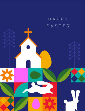 Happy Easter greeting card illustration of colorful geometric folk style mosaic with rabbit animal, egg and spring nature. Modern flat holiday celebration design.のイラスト素材