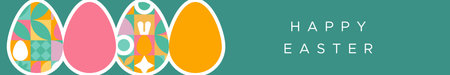 Happy Easter web banner illustration of folk art mosaic eggs with colorful spring nature decoration....