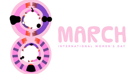 International women's day greeting card illustration of diverse women group hugging together for march 8 female event.のイラスト素材