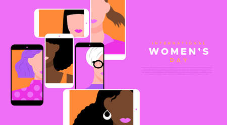 International Women's Day greeting card illustration of diverse women team on mobile phone video chat screen or social media connection. March 8 female rights event design.のイラスト素材