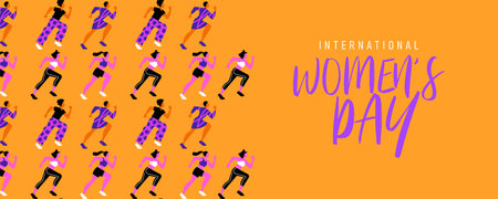 International Women's Day greeting card illustration of pink women team running. Female race group...