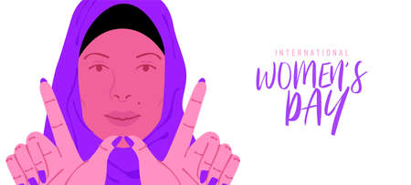 International Women's Day greeting card illustration of beautiful young muslim woman doing w letter sign with hands. Modern female rights design for march 8 event.のイラスト素材