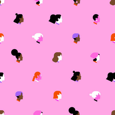 Diverse women face seamless pattern with different culture girl portrait in flat minimalist style. Women's rights event pink background concept.のイラスト素材