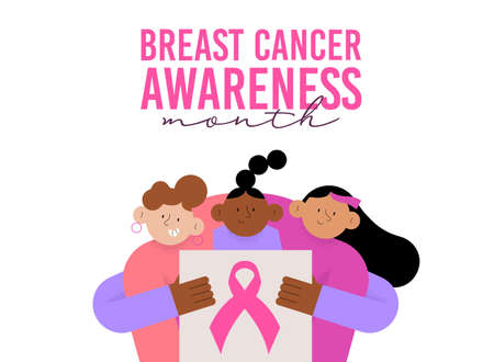 Breast Cancer Awareness month banner illustration of diverse young women hugging and pink ribbon symbol. Concept greeting card for disease prevention, solidarity or charity campaign.のイラスト素材