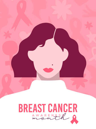 Breast Cancer Awareness month illustration of woman face in minimalist flat cartoon style. Beautiful girl cartoon background for disease prevention, solidarity or charity campaign.のイラスト素材