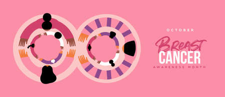 Breast Cancer Awareness month banner illustration of diverse women group hugging together for disease prevention, solidarity or charity campaign.のイラスト素材